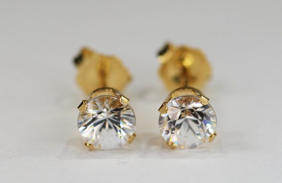 White Zircon Earrings~.14KT Yellow Gold Setting~Genuine Natural Mined~5mm Round