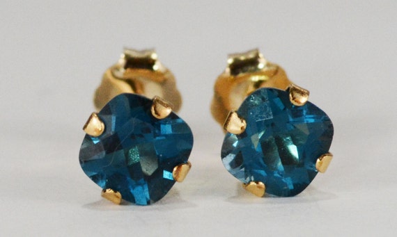 London Blue Topaz Cushion Cut Earrings~14kt Yellow Gold Setting~5mm~Genuine Natural Mined