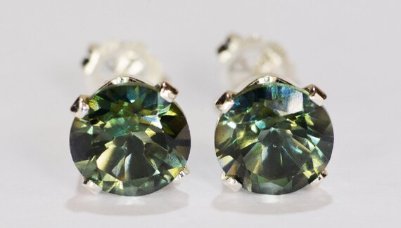 Mystic Forest Green Earrings~.925 Sterling Silver Setting~7mm Round Cut~Genuine Natural Mined