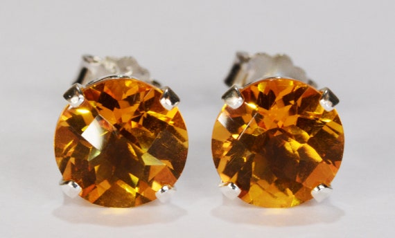 Citrine Earrings~.925 Sterling Silver Setting~8mm Round Cut~Genuine Natural Mined