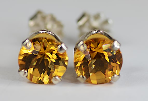 Citrine Earrings Yellow~.925 Sterling Silver Setting~7mm Round Cut~Genuine Natural Mined