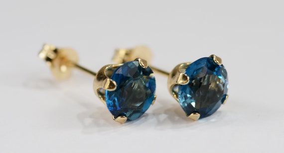 London Blue Topaz Earrings~14KT Yellow Gold 4 Prong Setting~6mm Round~Genuine Natural