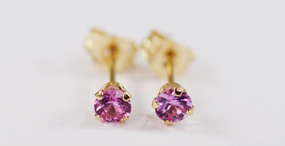 Pink Sapphire Earrings~14 KT Yellow Gold~3mm Round Cut~Genuine Natural Mined