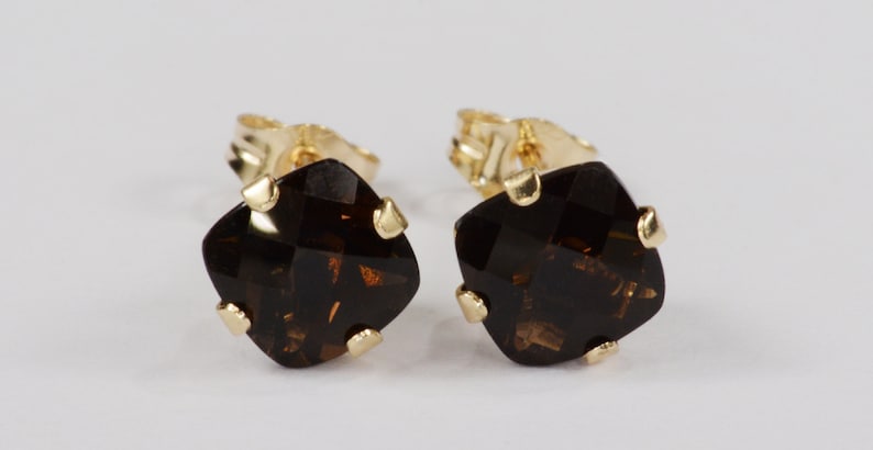 Smoky Quartz Earrings14KT Gold Setting6mm Cushion CutGenuine Natural Mined image 2