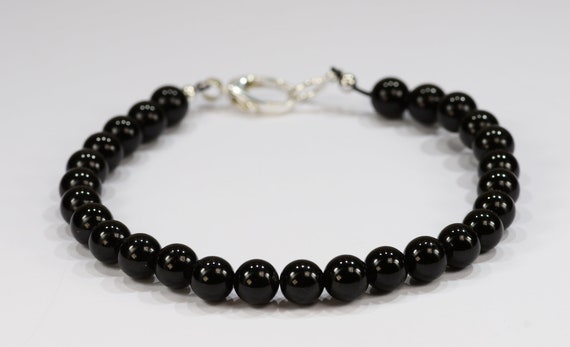 Black Tourmaline Bead Bracelet~.925 Sterling Silver Clasp~6mm Beads~Custom Sizing
