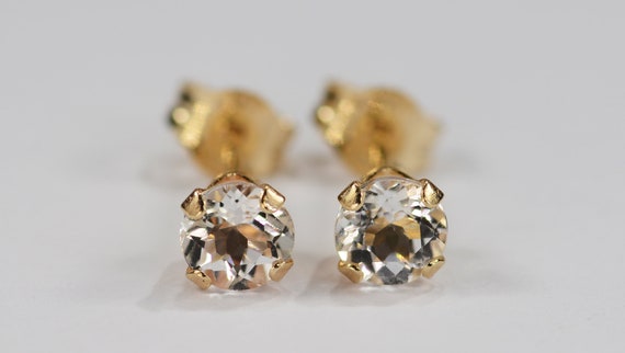 White Topaz Earrings~14KT Yellow Gold Setting~4mm Round~Genuine Natural Mined