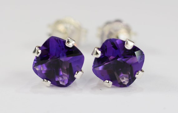 Amethyst Purple Earrings~.925 Sterling Silver Setting~6mm Cushion Cut~Genuine Natural Mined