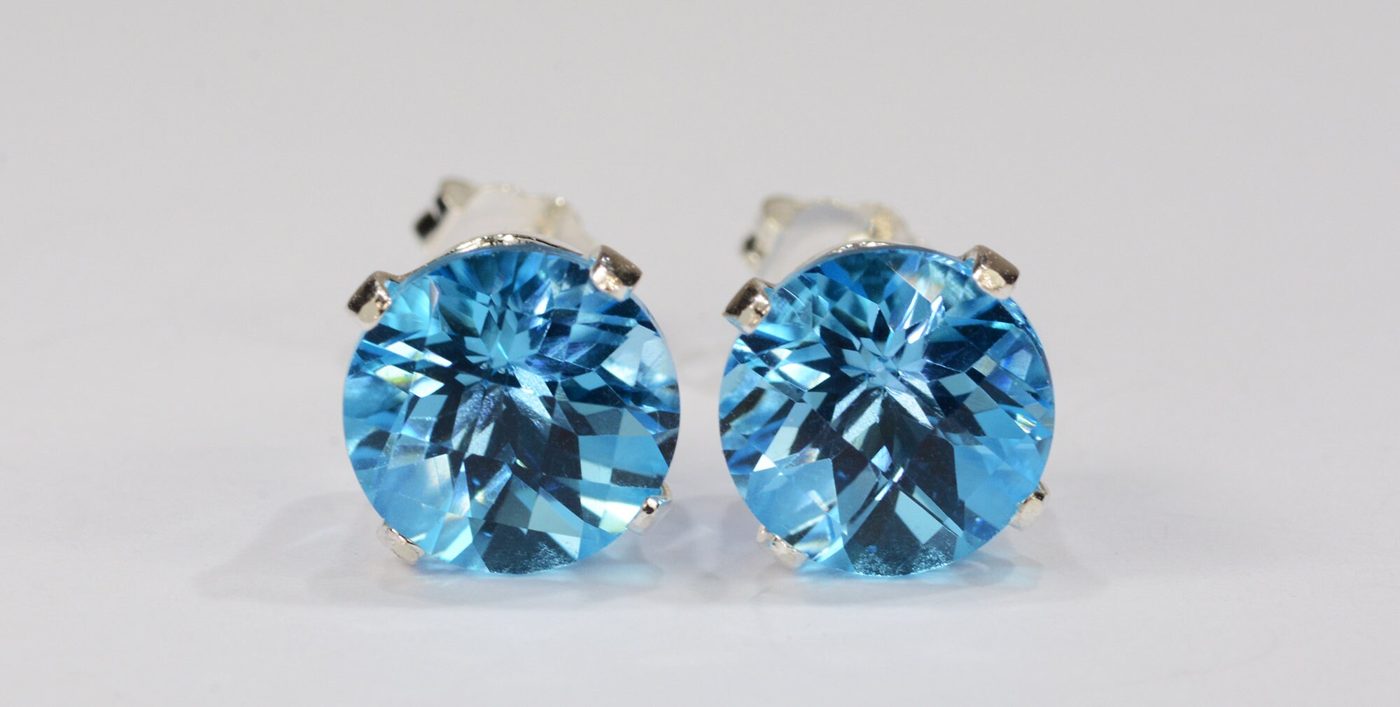 Swiss Blue Topaz Earrings~.925 Sterling Silver Setting~8mm Round Cut ...