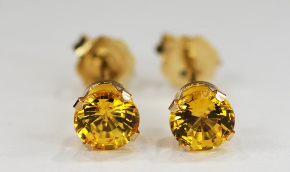 Yellow Sapphire Earrings~14 KT Yellow Gold Setting~5mm Round~Genuine Natural Mined