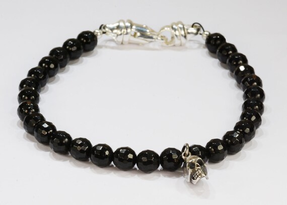 Black Tourmaline Faceted Bead Bracelet with skull accent~.925 Sterling Silver Clasp~8mm Beads~Custom Sizing (one only)