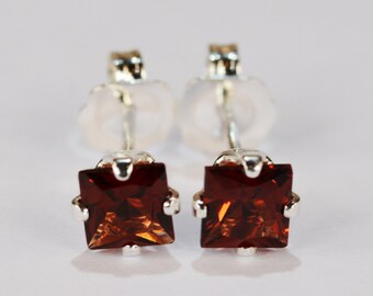 Garnet Earrings~.925 Sterling Silver Setting~4mm Princess Cut~Genuine Natural Mined