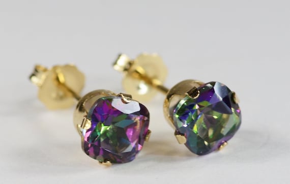 Mystic Green Topaz Earrings~14KT Yellow Gold Setting~6mm Cushion Cut~Genuine Natural Mined