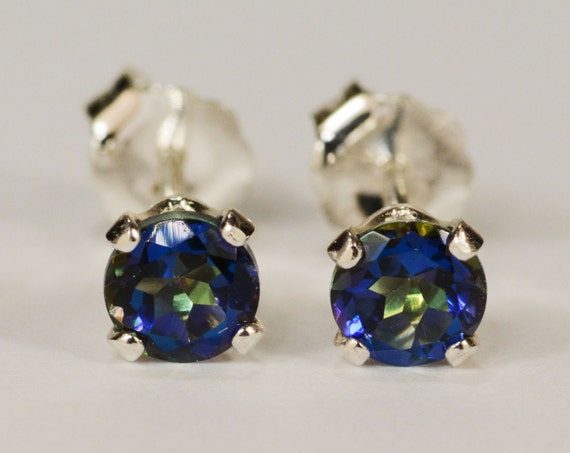 Mystic Blue Topaz Earrings~.925 Sterling Silver Setting~4mm Round~Genuine Natural Mined
