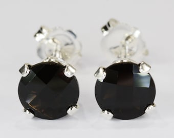 Smoky Quartz Dark Earrings~.925 Sterling Silver Setting~6mm Round Cut~Genuine Natural Mined