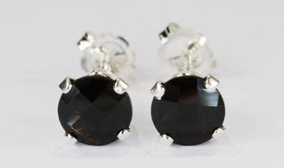 Smoky Quartz Dark Earrings~.925 Sterling Silver Setting~6mm Round Cut~Genuine Natural Mined