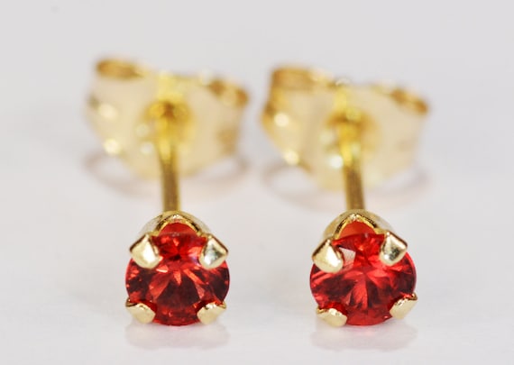 Orange Sapphire Earrings~14 KT Yellow Gold~3mm Round Cut~Genuine Natural Mined