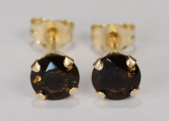 Smoky Quartz Earrings~Four Prong 14KT Yellow Gold Setting~5mm Round~Genuine Natural Mined