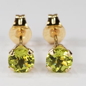 Peridot Earrings~14 KT Yellow Gold~4mm Round Cut~Genuine Natural Mined