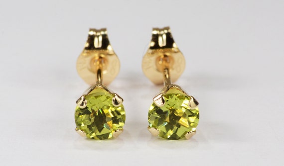 Peridot Earrings~14 KT Yellow Gold~4mm Round Cut~Genuine Natural Mined