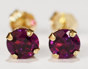 Rhodolite Garnet Earrings~14 KT Yellow Gold Setting~4mm Round~Genuine Natural Mined