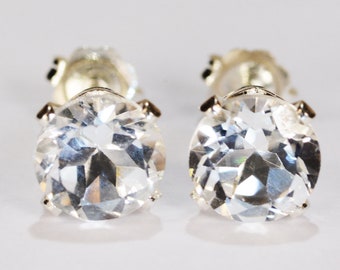 White Topaz Earrings~.925 Sterling Silver Setting~7mm Round Cut~Genuine Natural Mined