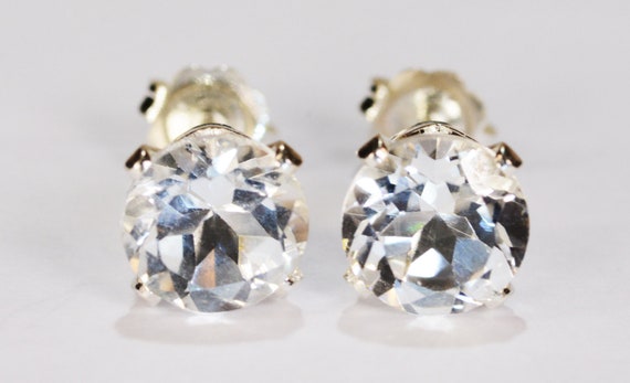 White Topaz Earrings~.925 Sterling Silver Setting~7mm Round Cut~Genuine Natural Mined