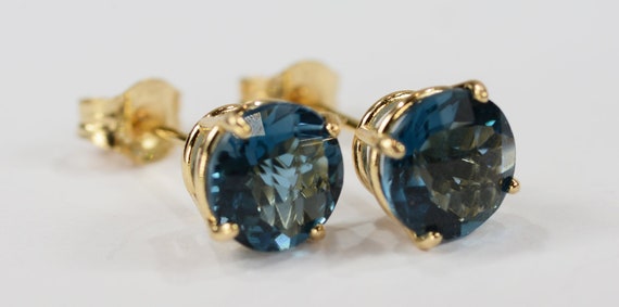 Blue Topaz Earrings~14KT Yellow Gold Premium Setting~6mm Round~Genuine Natural