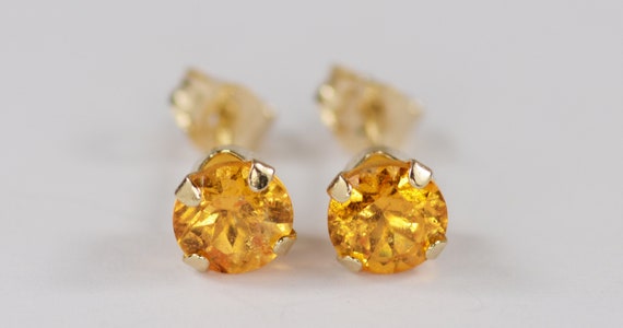 Mandarin Garnet Earrings~14 KT Yellow Gold~5mm Round Cut~Genuine Natural Mined