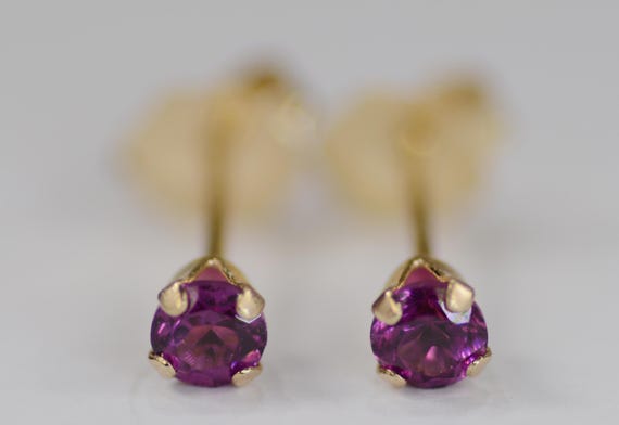 Rhodolite Garnet Earrings~14 KT Yellow Gold~3mm Round Cut~Genuine Natural Mined