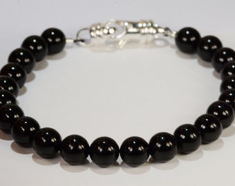 Black Onyx Bead Bracelet~.925 Sterling Silver Clasp~8mm Beads~Custom Sizing