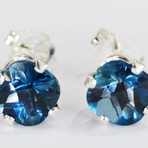 London Blue Topaz Earrings~.925 Sterling Silver Setting~6mm Cushion Cut~Genuine Natural Mined