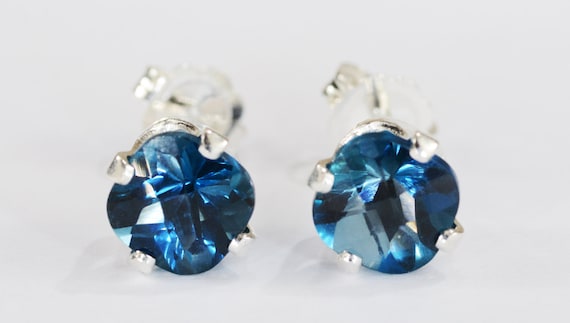 London Blue Topaz Earrings~.925 Sterling Silver Setting~6mm Cushion Cut~Genuine Natural Mined