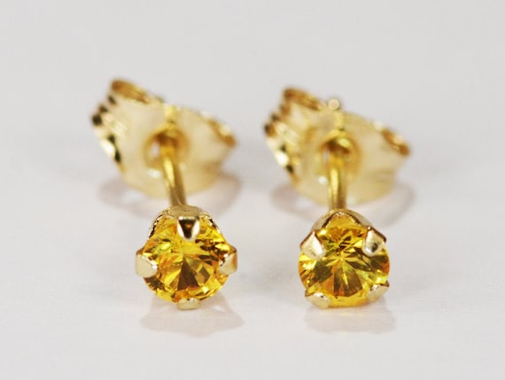 Yellow Sapphire Earrings~14 KT Yellow Gold~3mm Round Cut~Genuine Natural Mined