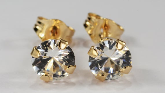 White Sapphire Earrings~14 KT 4-prong Yellow Gold Setting~5mm Round~Genuine Natural Mined