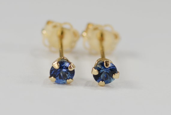 Blue Sapphire Light Earrings~14 KT Yellow Gold~3mm Round Cut~Genuine Natural Mined