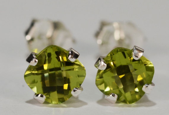 Peridot Earrings~.925 Sterling Silver Setting~5mm Cushion Cut~Genuine Natural Mined