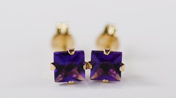 Amethyst Earrings~14 KT Yellow Gold Setting~4mm Princess Cut~Genuine Natural Mined