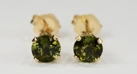 Green Tourmaline Earrings~14 KT Yellow Gold Setting~5mm Round~Genuine Natural Mined