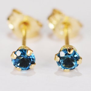 London Blue Topaz Earrings~14 KT Yellow Gold~3mm Round Cut~Genuine Natural Mined