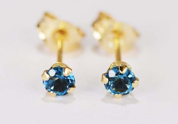 London Blue Topaz Earrings~14 KT Yellow Gold~3mm Round Cut~Genuine Natural Mined