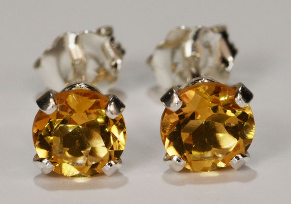 Yellow Citrine Earrings~.925 Sterling Silver Setting~5mm Round~Genuine Natural Mined