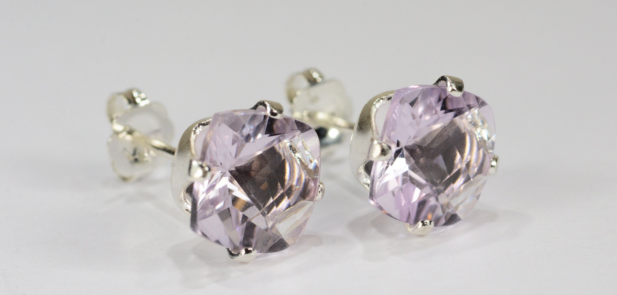 Pink Amethyst Earrings~.925 Sterling Silver Setting~8mm Cushion Cut ...
