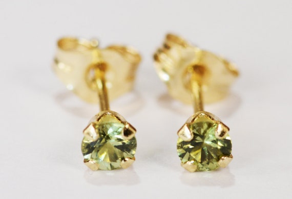 Green Sapphire Earrings~14 KT Yellow Gold~3mm Round Cut~Genuine Natural Mined