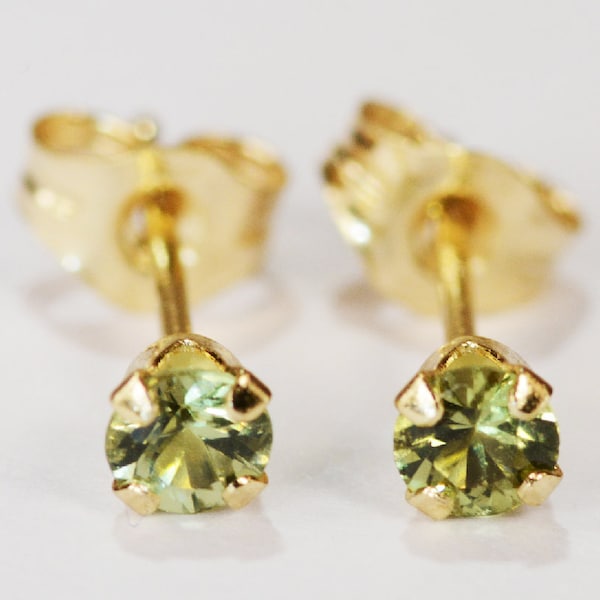 Green Sapphire Earrings~14 KT Yellow Gold~3mm Round Cut~Genuine Natural Mined