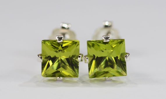 Peridot Earrings~.925 Sterling Silver Setting~6mm Princess Cut~Genuine Natural Mined