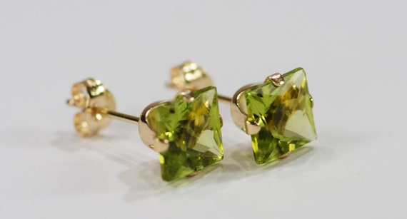 Peridot Earrings~14KT Gold Setting~6mm Princess Cut~Genuine Natural Mined