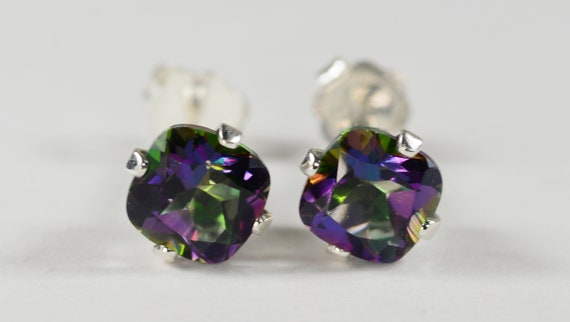 Mystic Green Topaz Earrings~.925 Sterling Silver Setting~6mm Cushion Cut~Genuine Natural Mined