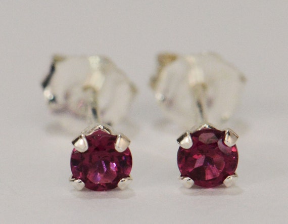 Rhodolite Garnet Earrings~.925 Sterling Silver Setting~3mm Round Cut~Genuine Natural Mined