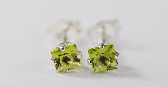 Peridot Earrings~.925 Sterling Silver Setting~4mm Princess~Genuine Natural Mined