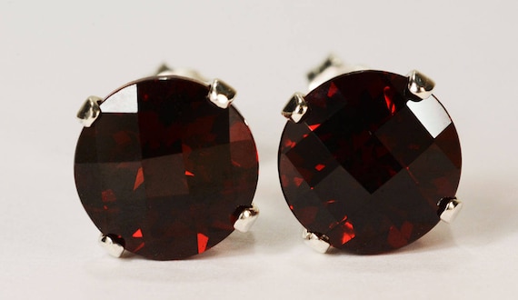 Red Garnet Earrings~.925 Sterling Silver Setting~8mm Round Cut~Genuine Natural Mined